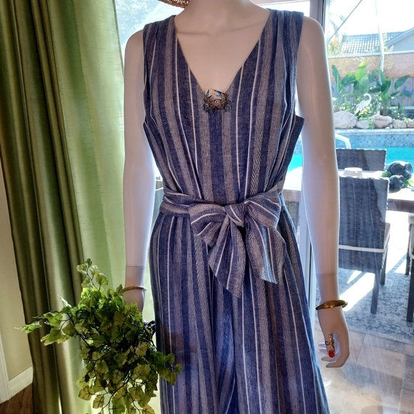 Calvin Klein Striped Linen & Rayon Jumpsuit in a Denim Blue & White. - Picture 7 of 16